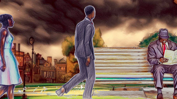 Color pencil sketch of a Black woman and man walking towards a Black man in a suit, sitting on a bench, with a town square in the background.
