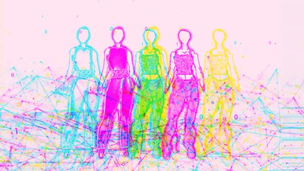 Multicolored sketch of mannequins wearing tank top and pants against an abstract background of geometric patterns.