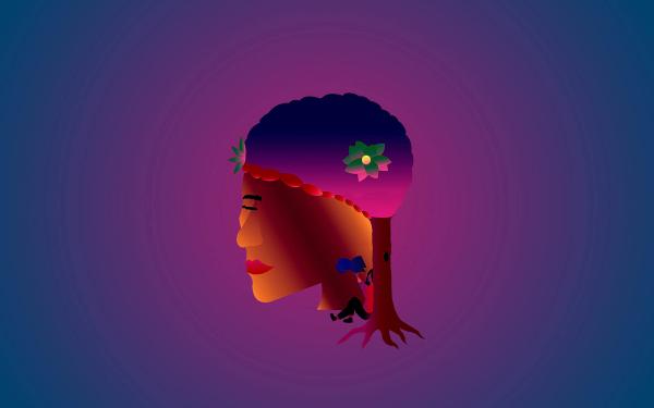 Frank Lema's header design for City Tech Writer 2023, abstract portrayal of a Black woman's head whose hair, featuring a single flower, doubles as the leaves of a tree whose trunk extends down into branches. Under the tree, nestled against the woman's neck, a smaller figure sits reading a book.