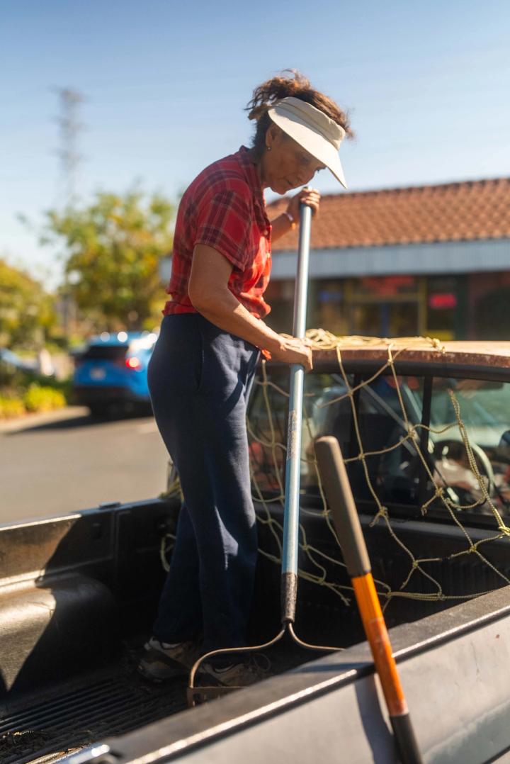 A gardener standing in the pickup truck bed holding a rake beside other garden tools