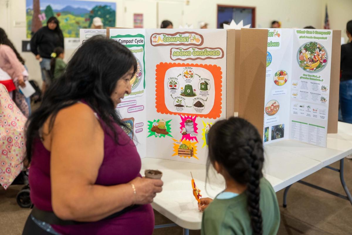 A visitor and a young person looking at a colorful ecosystem exhibit