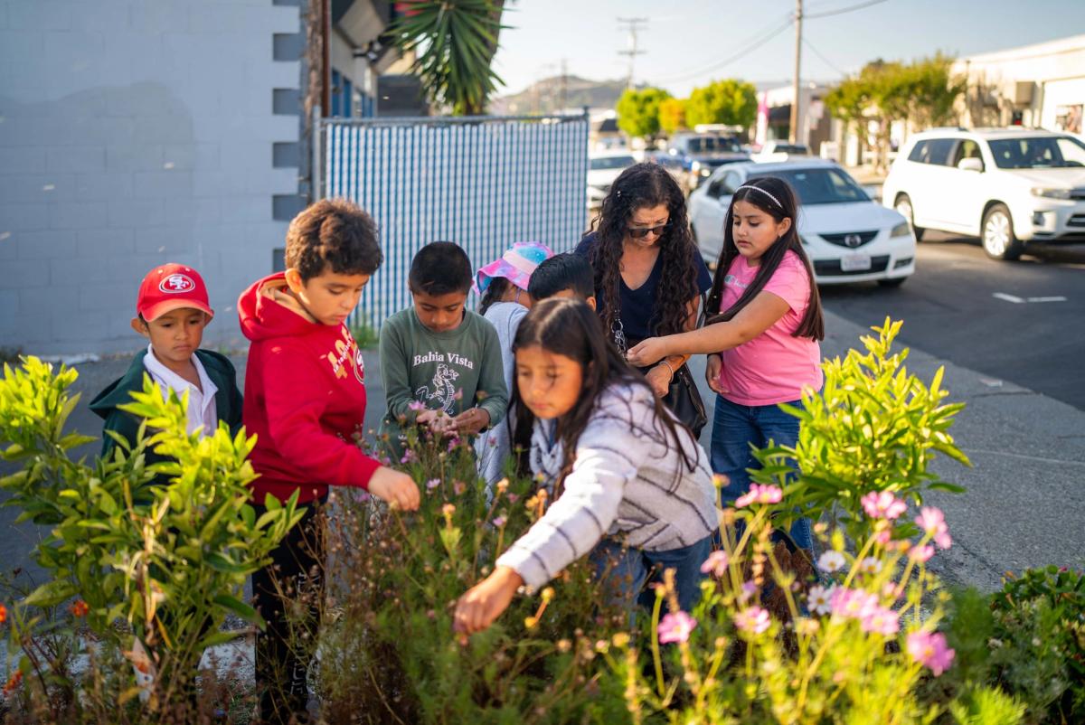 Students and an adult leaning toward the plants in a neighborhood garden