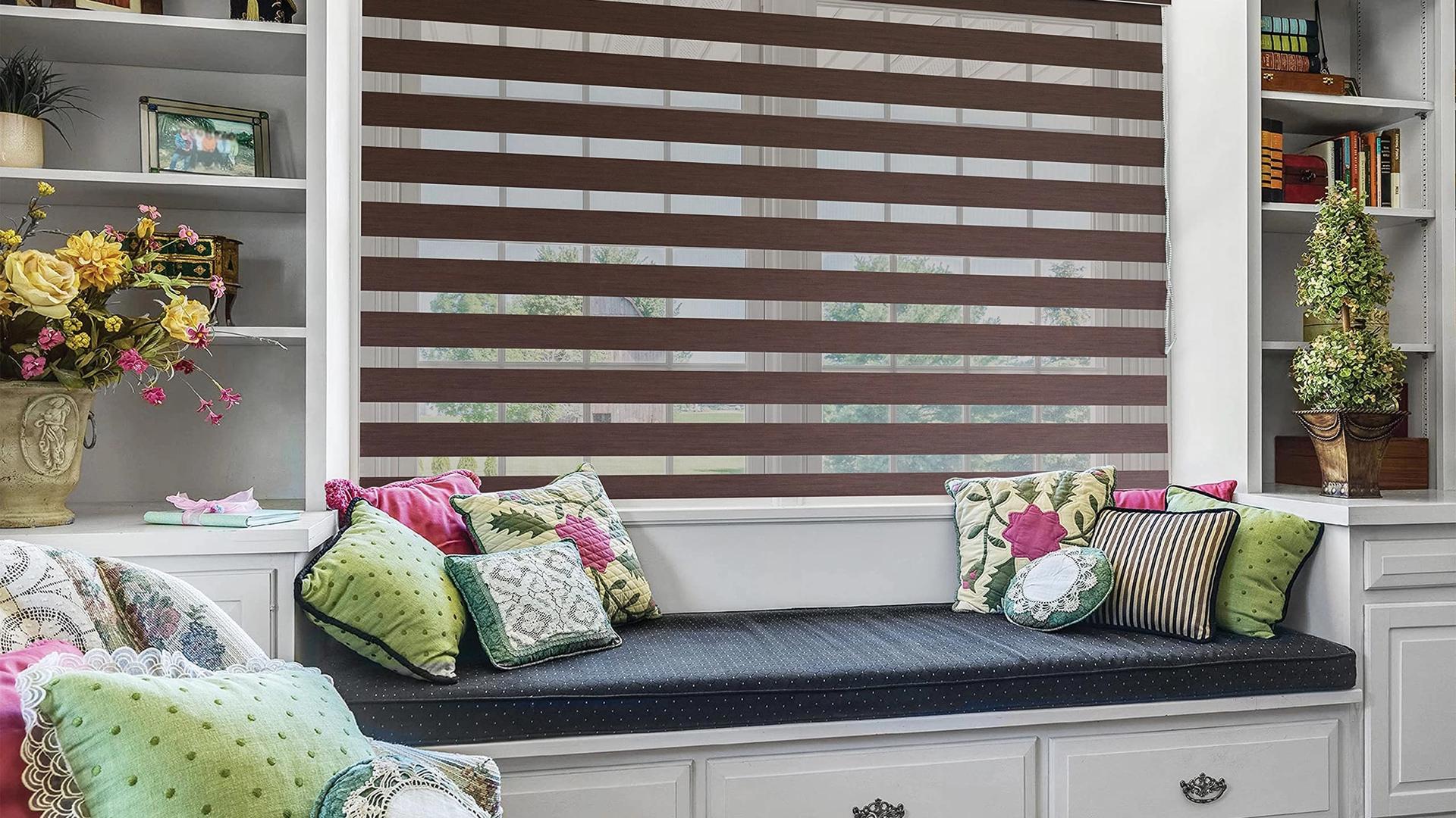 Modern zebra shades in a Calgary living room with natural light filtering