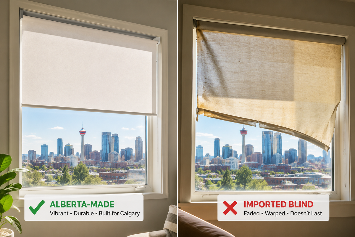 Durable Alberta-made roller shade vs faded imported blind in Calgary home