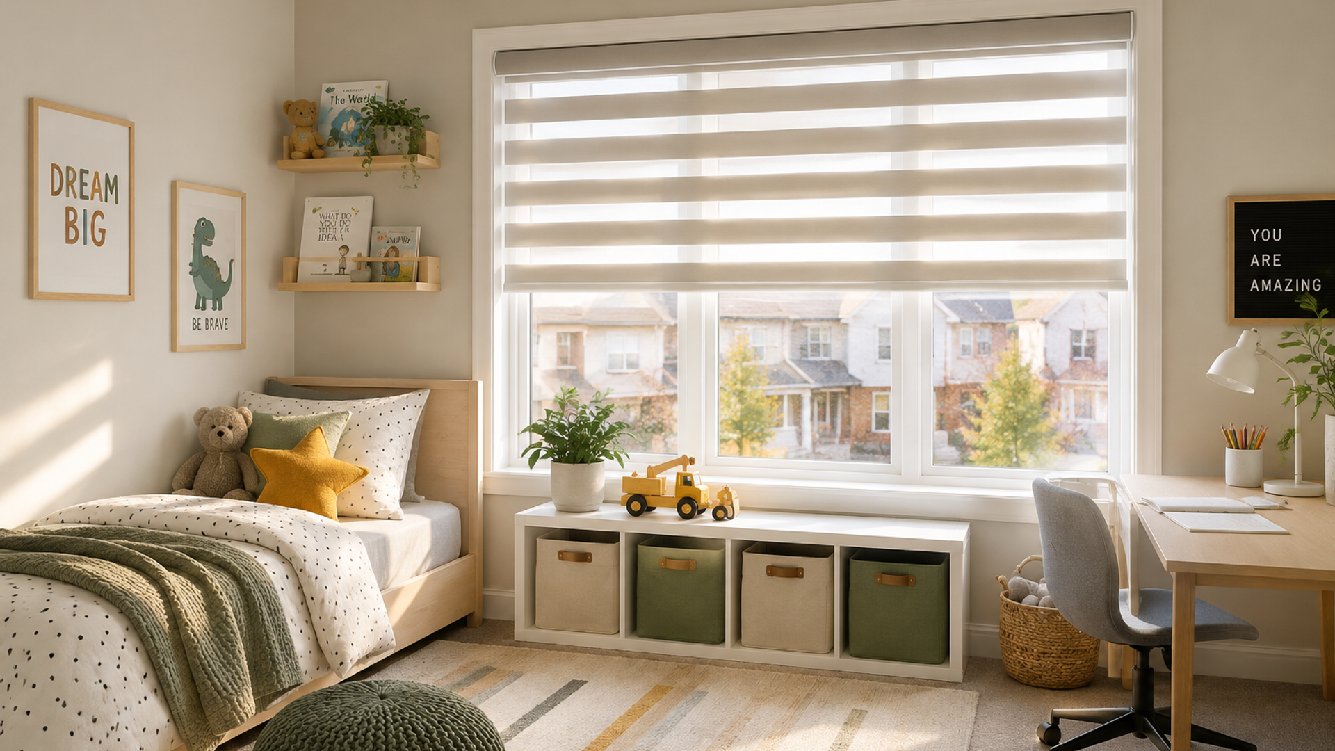 Cordless child-safe zebra blinds in a Calgary kids' bedroom