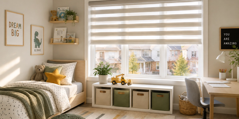 Cordless child-safe zebra blinds in a Calgary kids' bedroom