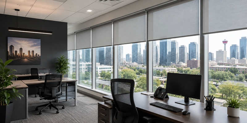 Modern Calgary office featuring custom roller blinds for privacy, glare reduction, and energy efficiency.
