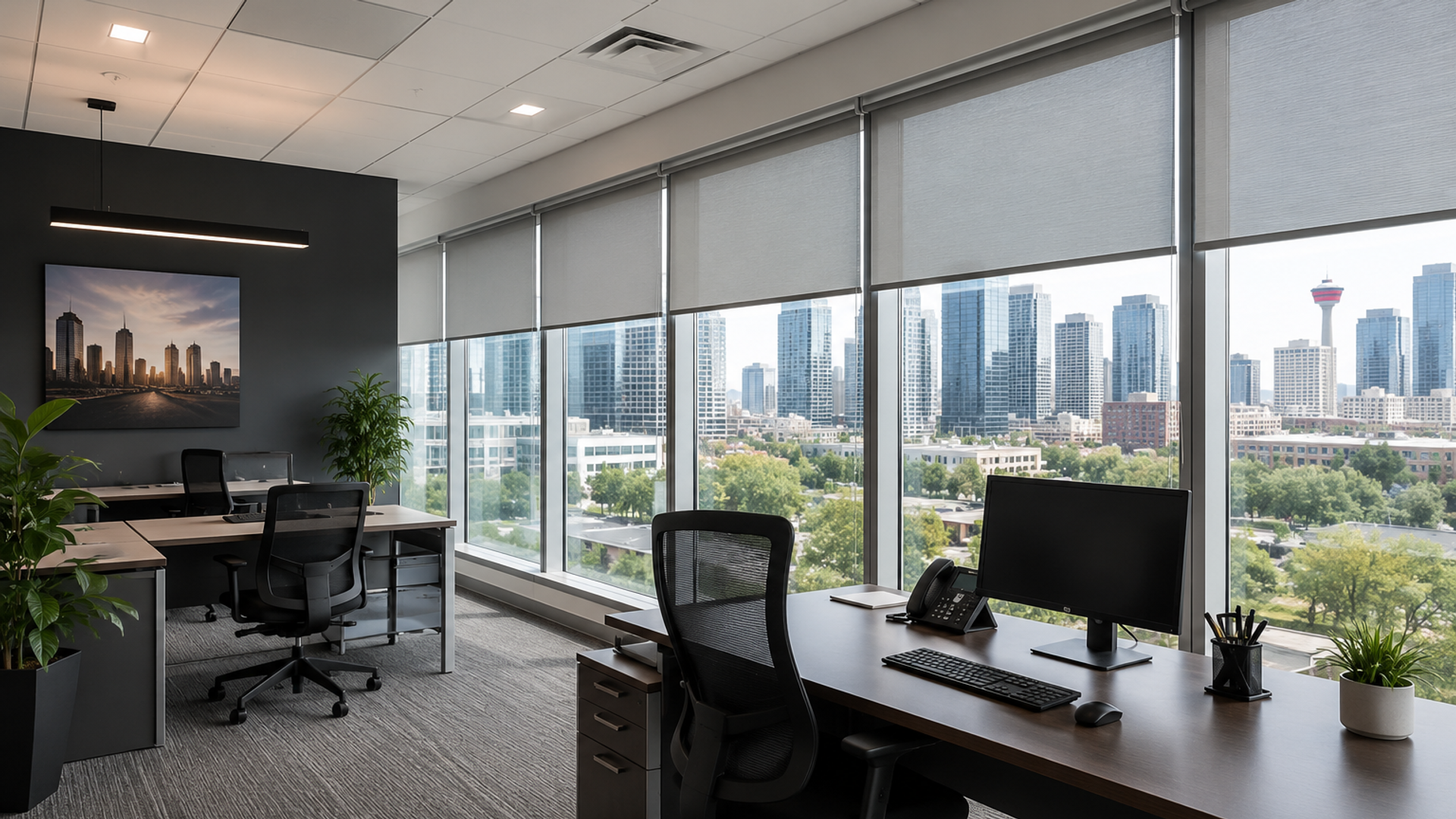 Modern Calgary office featuring custom roller blinds for privacy, glare reduction, and energy efficiency.