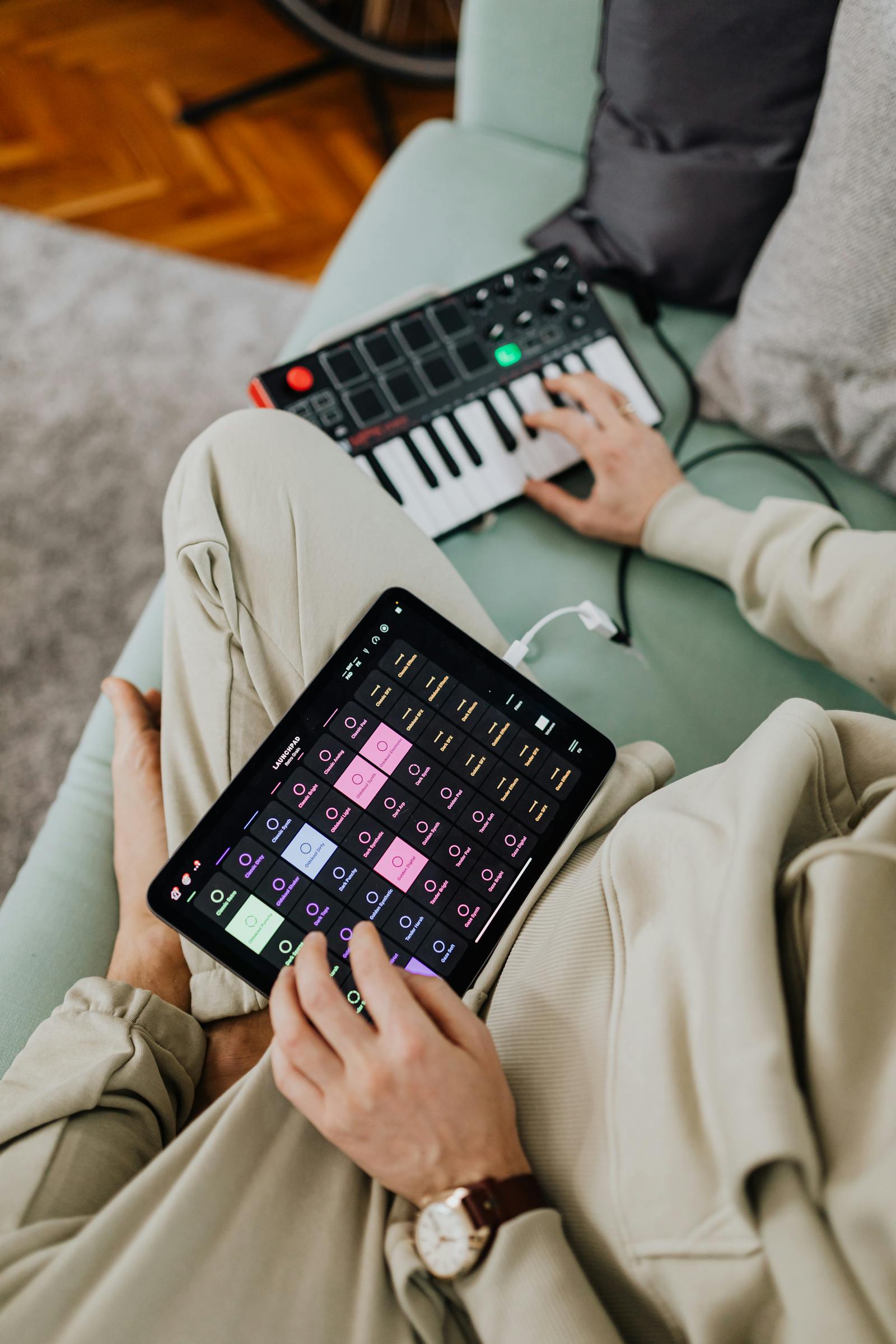 Tablette affichant une application pour apprendre le piano posée sur un clavier