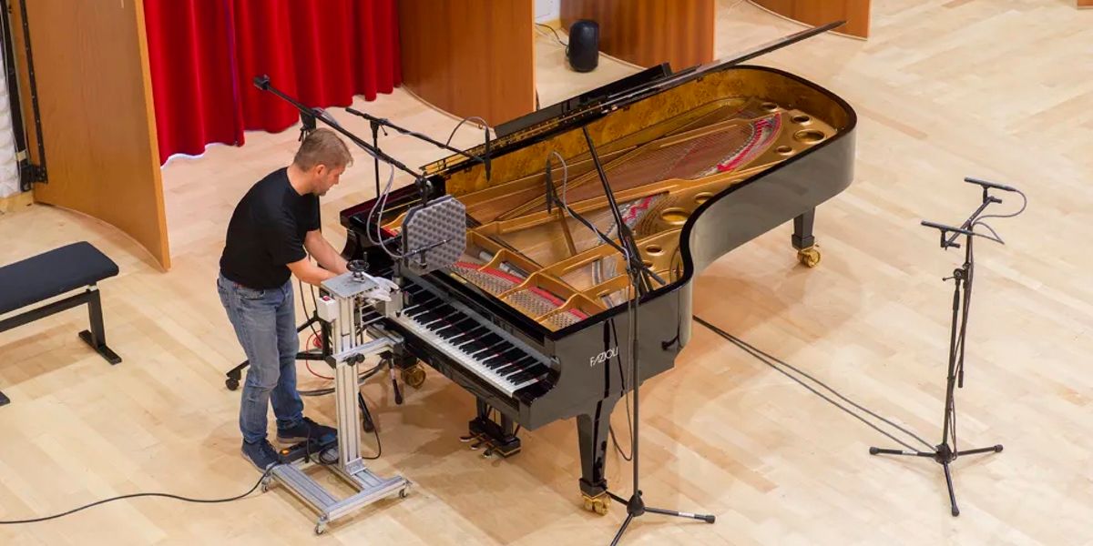 Piano à queue acoustique enregistré pour créer les échantillons d'un piano numérique