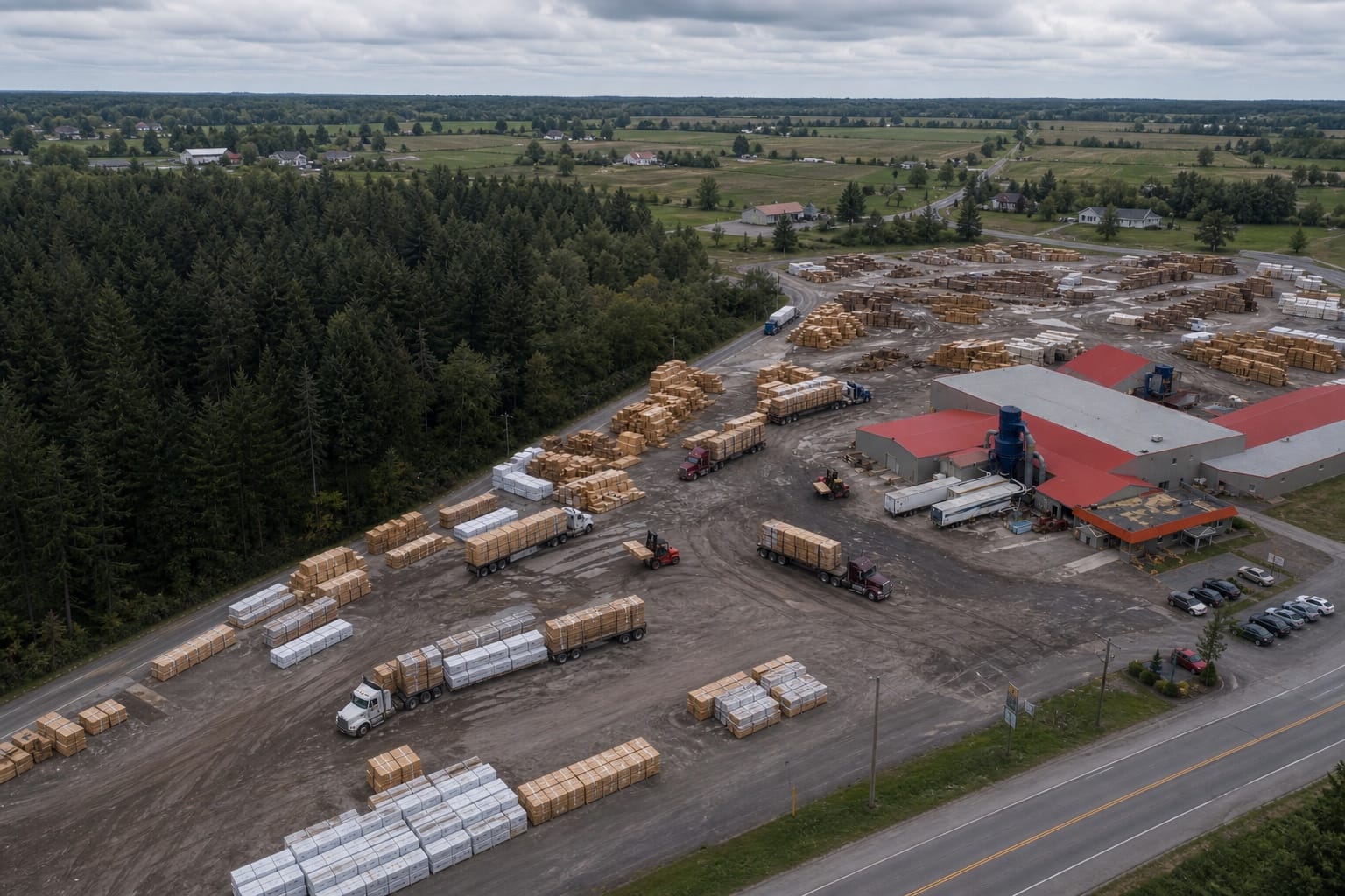 Aerial view of a lumber facility and the surrounding landscape