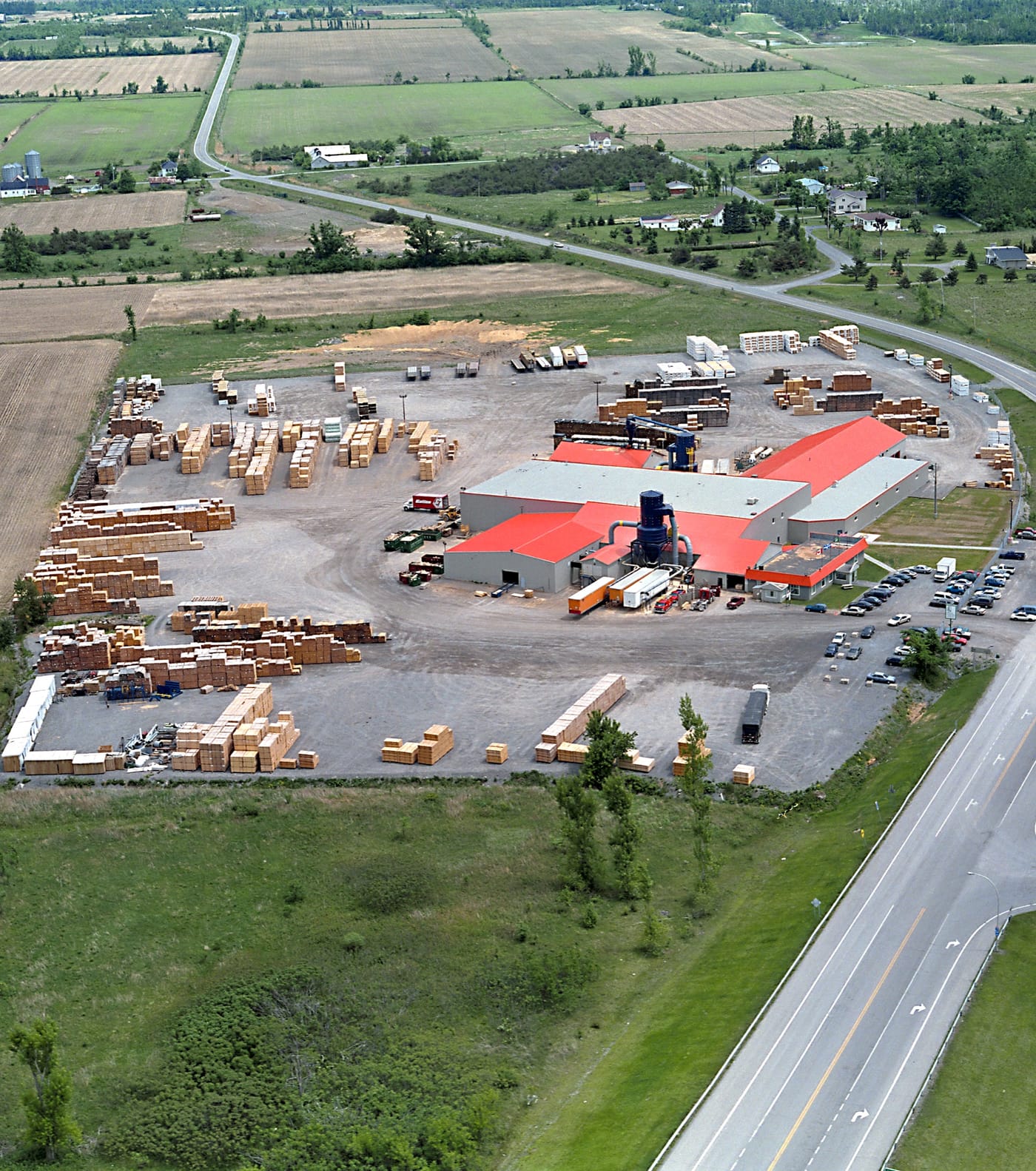 Aerial view of a lumber facility