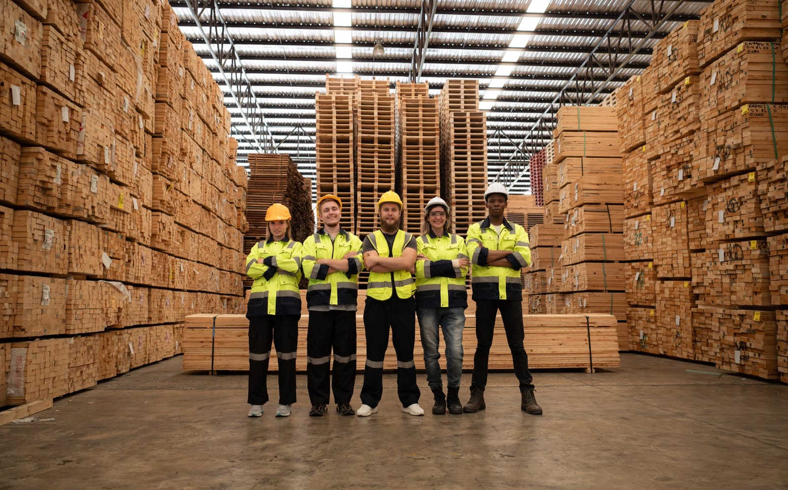 The warehouse operations crew in front of stacked lumber