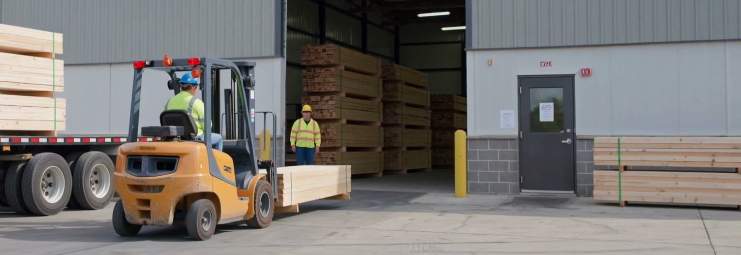 A forklift loading lumber onto a flatbed truck outside a warehouse