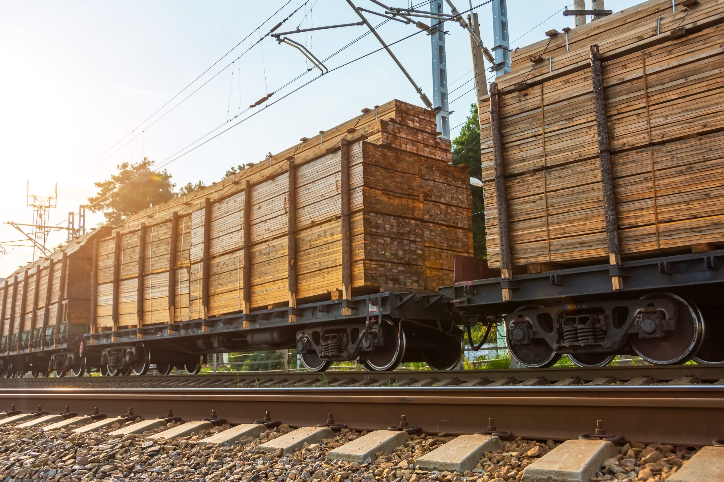 Stacked lumber loaded on rail cars beside a rail yard at sunrise