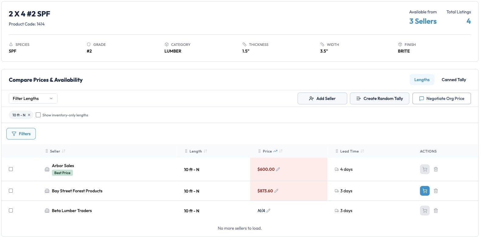 Prices and lead times from three sellers compared side by side in Gofari