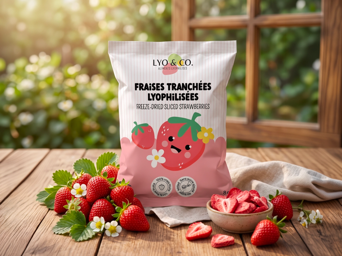 Grand emballage alimentaire pour Lyo & Co. Fraises lyophilisées. Design graphique.