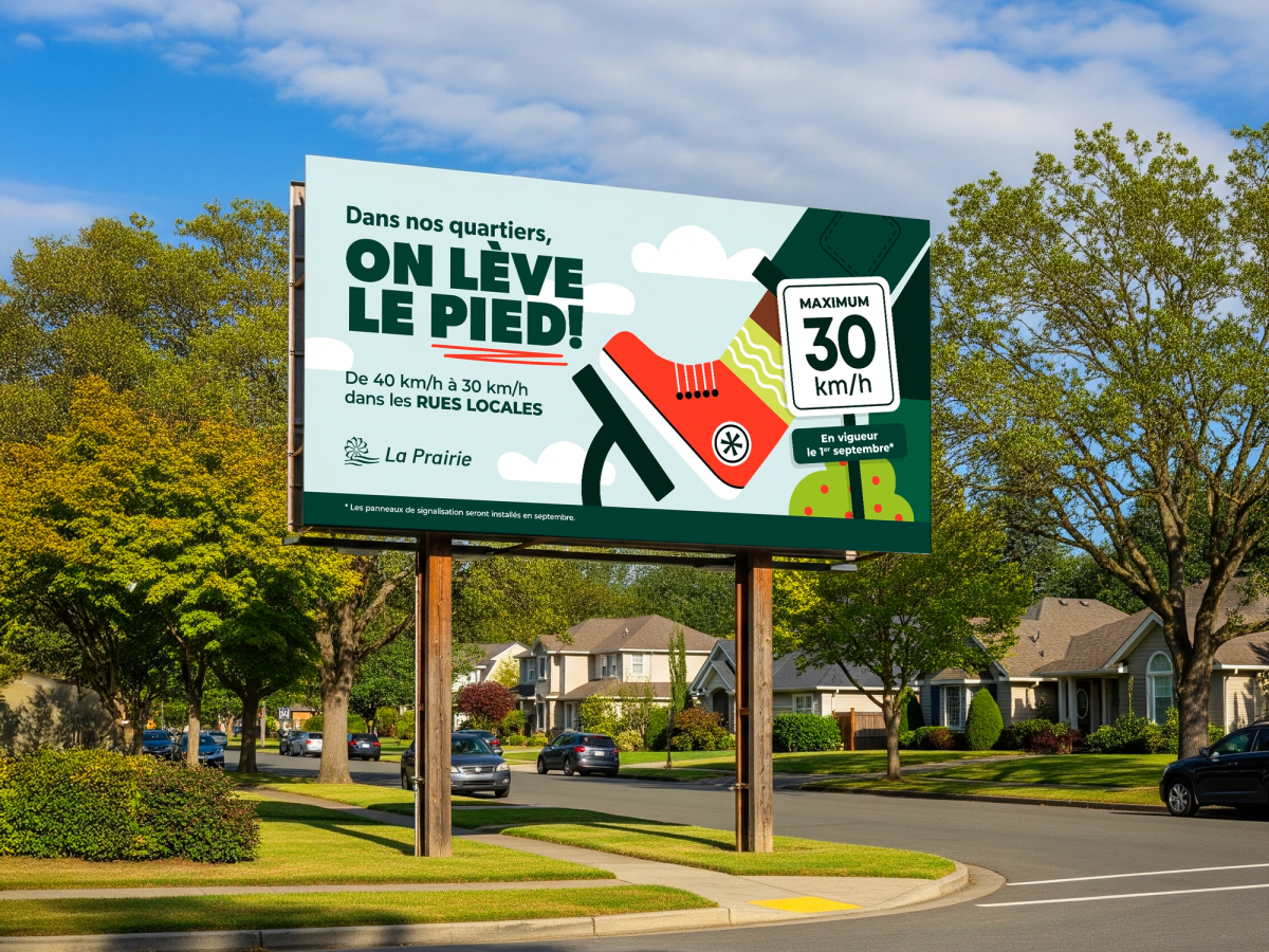 Panneau publicitaire pour la campagne «On lève le pied» de La Prairie. Illustration et graphisme.