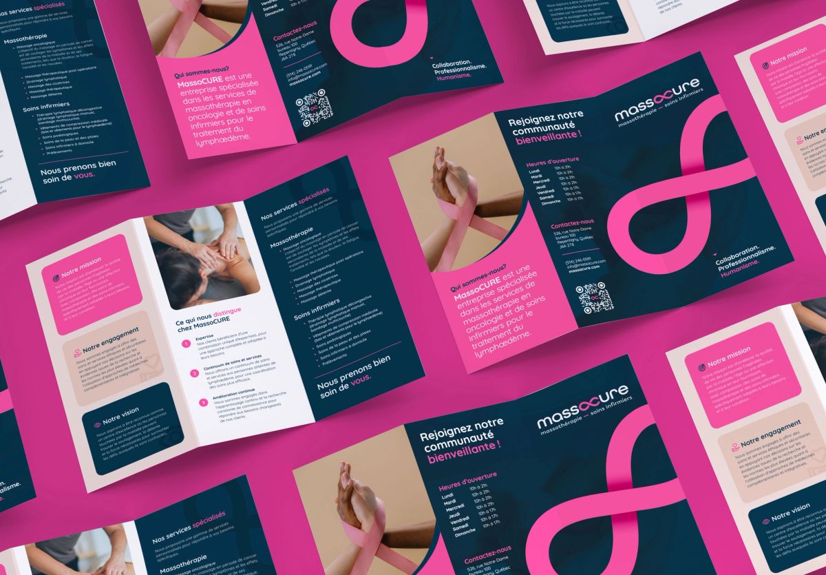 Mise en page de brochure pour MassoCure. Graphisme.