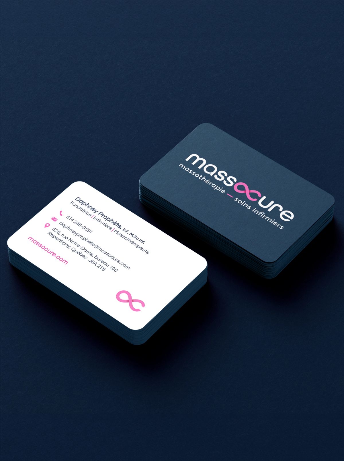 Cartes d'affaires pour MassoCure. Graphisme.