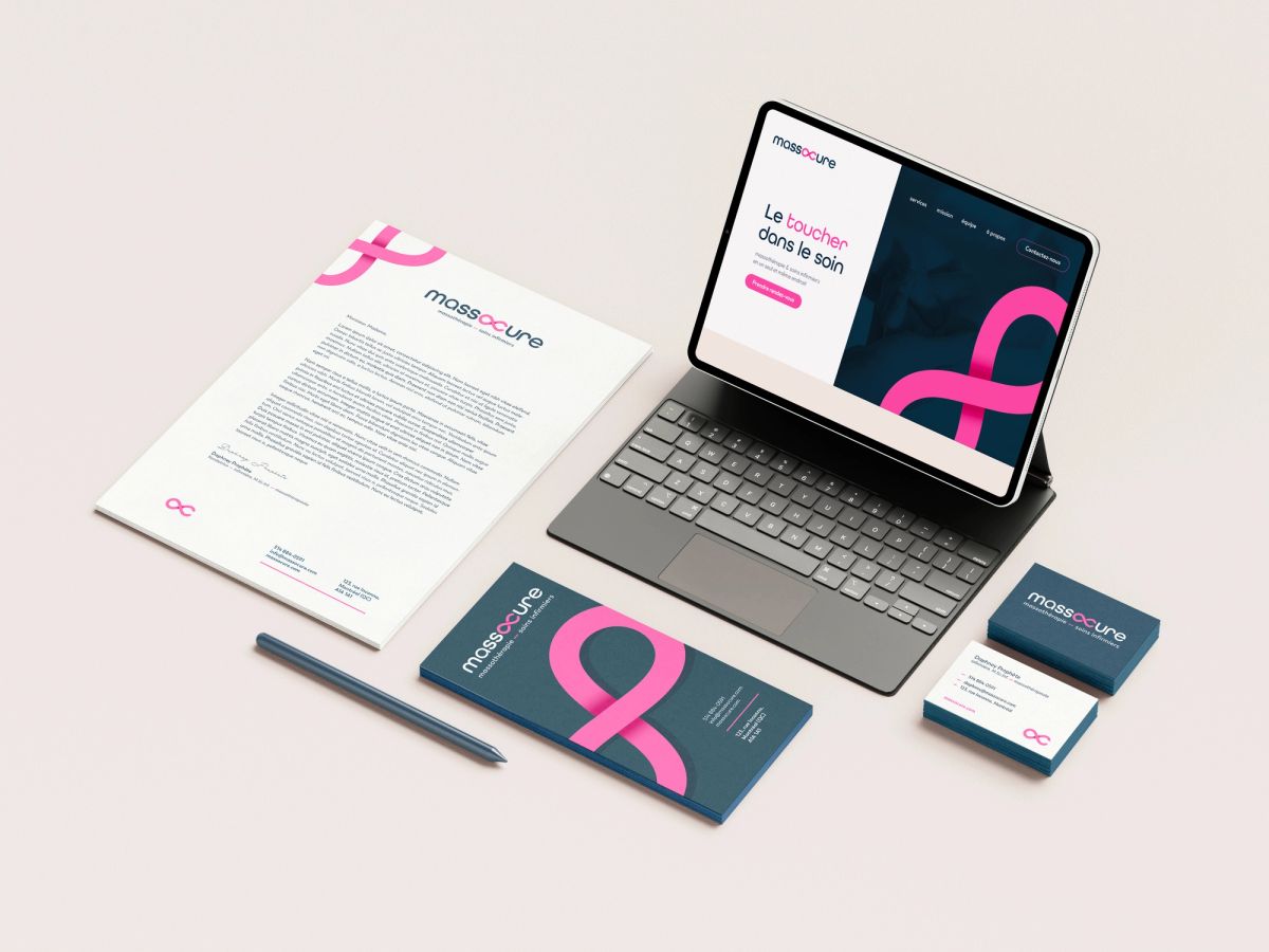 Papeterie, en-tête et site web pour MassoCure. Graphisme et design web.