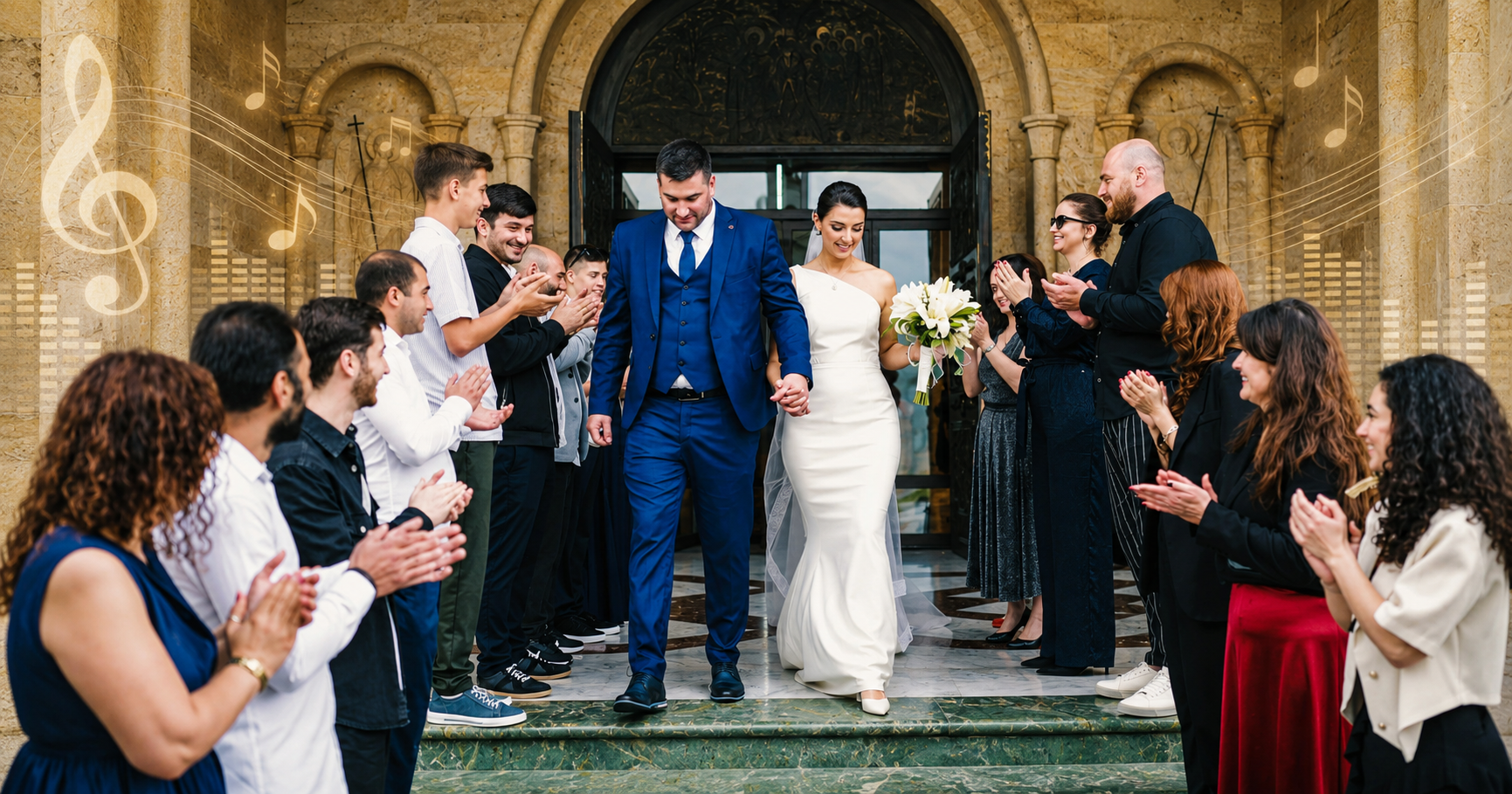 Ein fröhliches Hochzeitspaar welches von klatschenden Gästen umgeben ist.