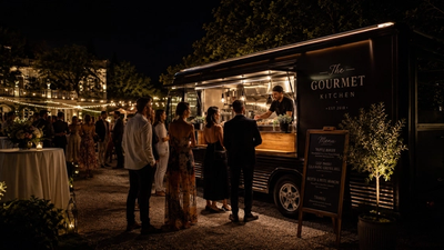 Leute stehen spätabends auf einer pompösen Privatfeier vor einem schwarzen Foodtruck um ihr Essen zu bekommen.