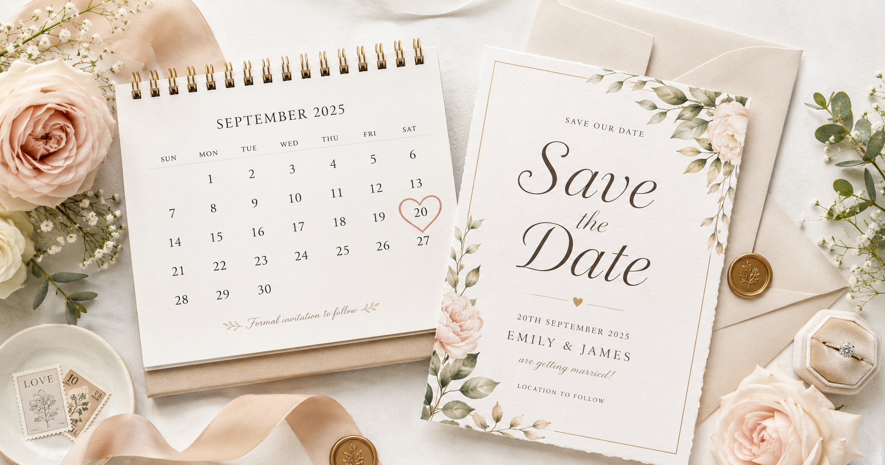 Auf einem mit Blumen geschmückten weißen Tisch liegen ein Kalender und eine "Save the Date" Hochzeitseinladung.