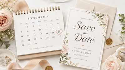 Auf einem mit Blumen geschmückten weißen Tisch liegen ein Kalender und eine "Save the Date" Hochzeitseinladung.