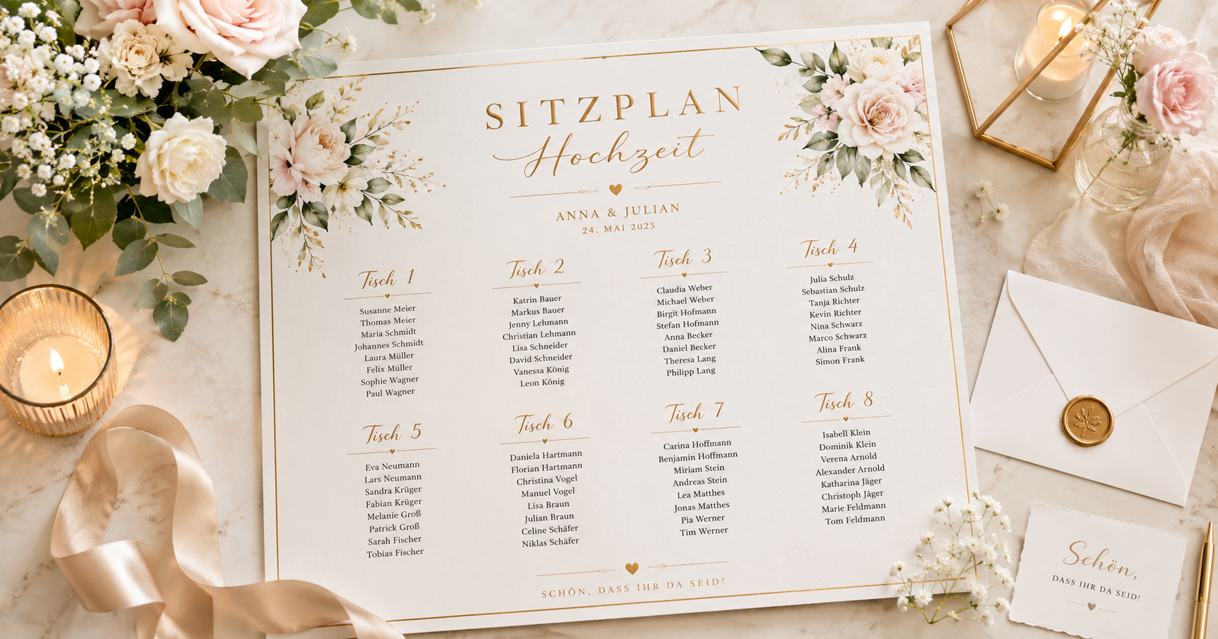 Auf einem weißen Tisch liegt ein schön ausgestalteter Sitzplan für eine Hochzeit