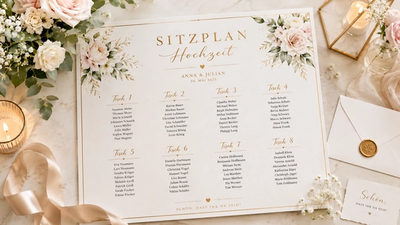 Auf einem weißen Tisch liegt ein schön ausgestalteter Sitzplan für eine Hochzeit