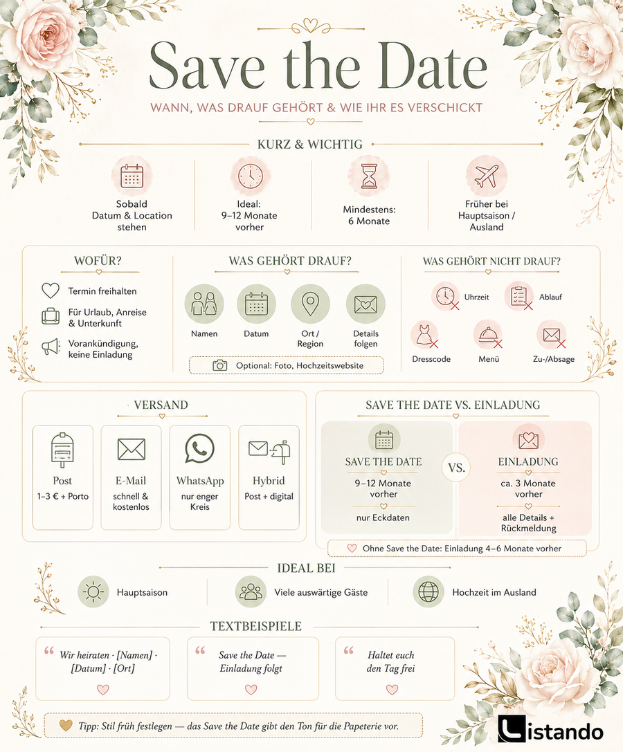Eine Infografik beschreibt was es bei der Save the Date Einladung zur Hochzeit zu beachten gibt.