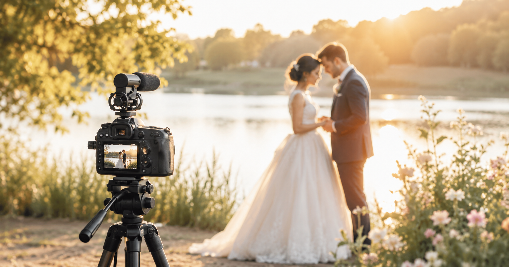Ein romanisches Pärchen, die Frau im Hochzeitskleid und der Mann im Anzug, lassen sich vor dem See mit einem Fotoapparat belichten.