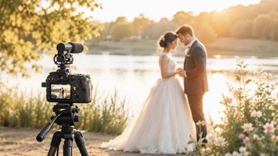 Ein romanisches Pärchen, die Frau im Hochzeitskleid und der Mann im Anzug, lassen sich vor dem See mit einem Fotoapparat belichten.