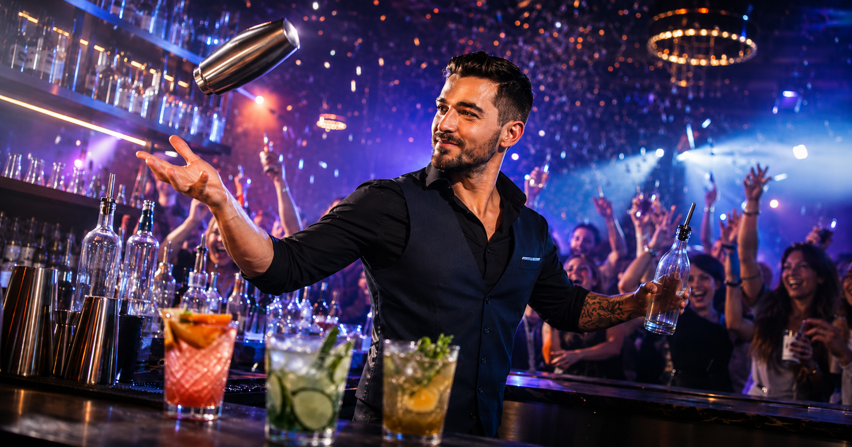 Ein Barkeeper wirft einen Shaker auf einer Party durch die Luft und mixt alkoholische Getränke.
