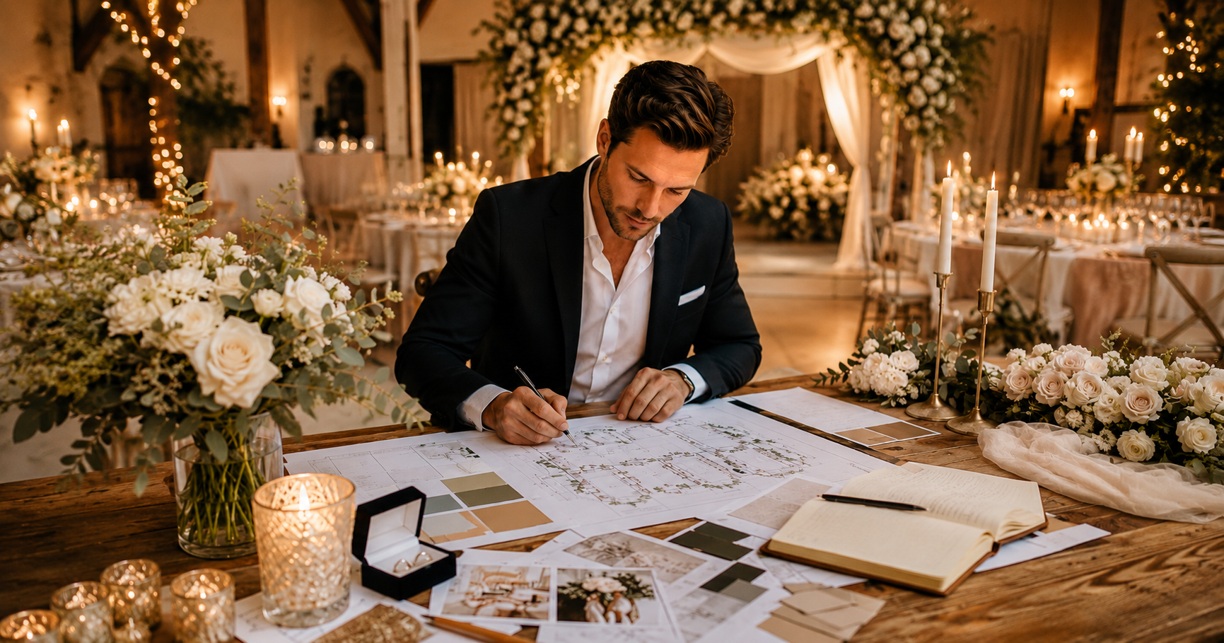 Ein Mann zeichnet fokussiert auf Papier um eine Hochzeit zu planen.