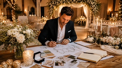 Ein Mann zeichnet fokussiert auf Papier um eine Hochzeit zu planen.