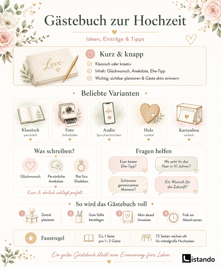 Eine Infografik die beschreibt, was man beim Gästebuch zur Hochzeit beachten sollte.