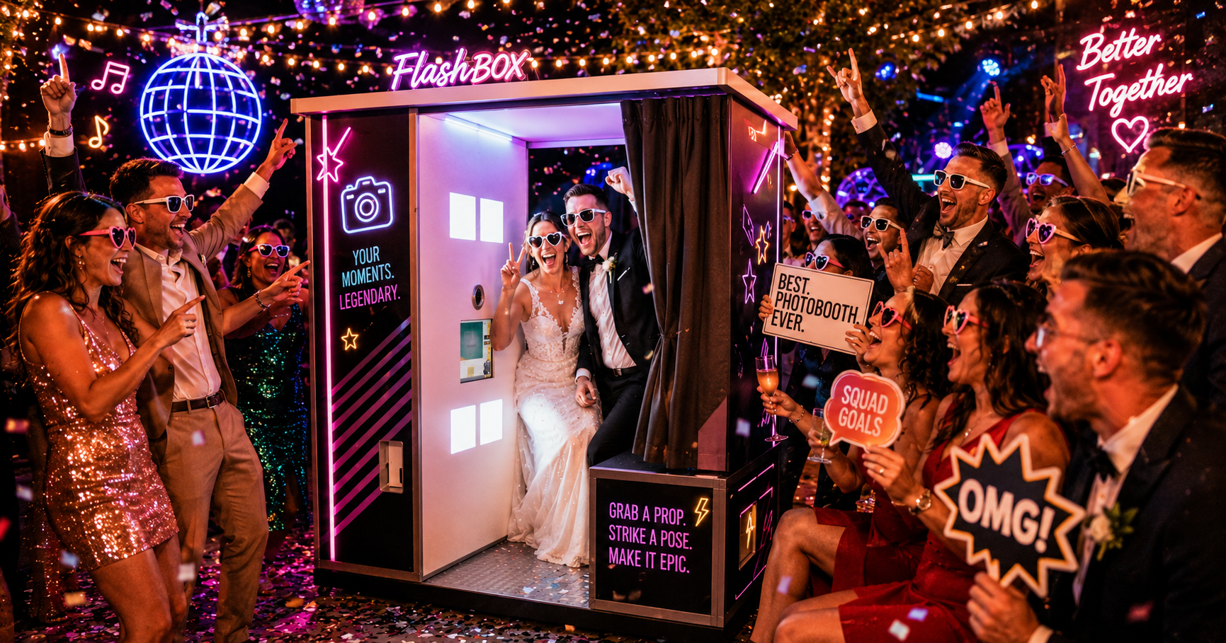 Ein lächelndes Hochzeitspaar in einer Fotobox umgeben von feiernden Gästen.
