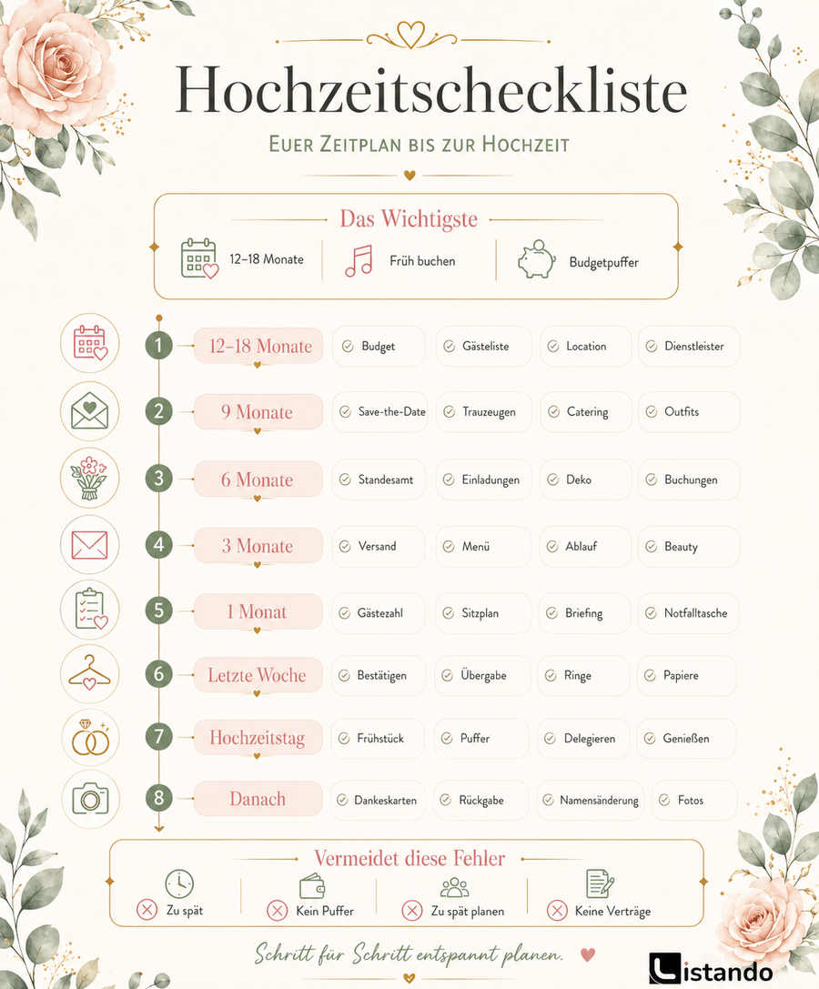 Eine Hochzeitscheckliste die alle wichtigen Punkte abdeckt.