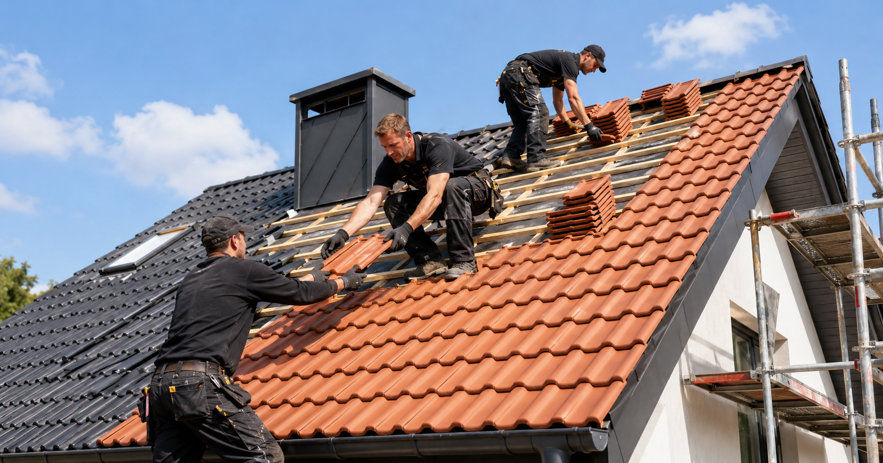 Drei Dachdecker decken ein Dach mit roten Ziegeln.