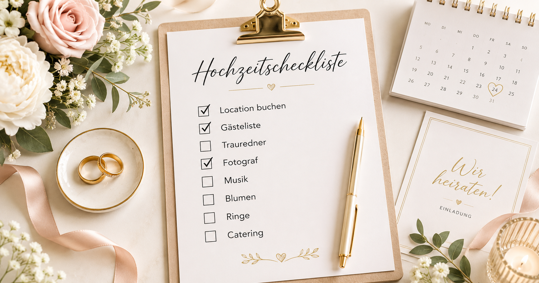 Eine Checkliste für die Hochzeit, auf einem weißen Tisch liegend nehmen einem Kalender, einer Einladungskarte, Trauringen und Blumen.