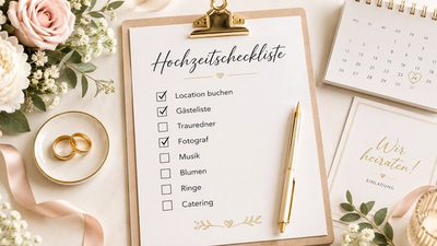 Eine Checkliste für die Hochzeit, auf einem weißen Tisch liegend nehmen einem Kalender, einer Einladungskarte, Trauringen und Blumen.