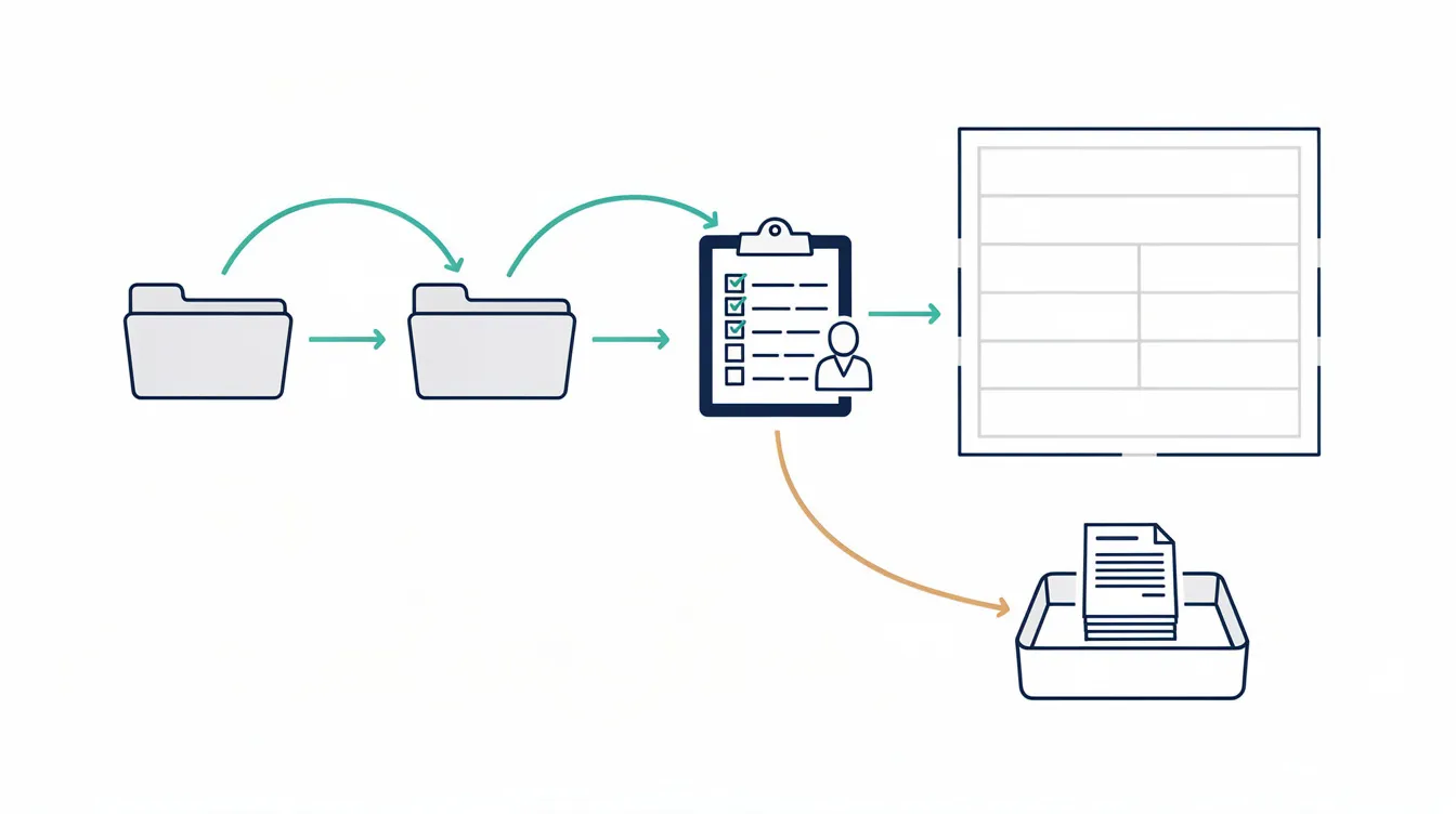 Two folders lead to a review checklist, which branches toward a blank evaluation table and a document tray.