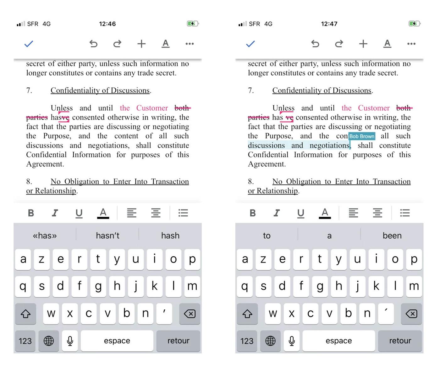 Two mobile document-editing screens with text highlighted