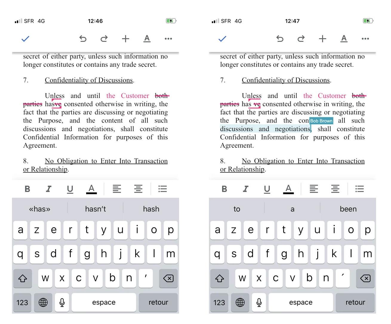 Two mobile document-editing screens with text highlighted