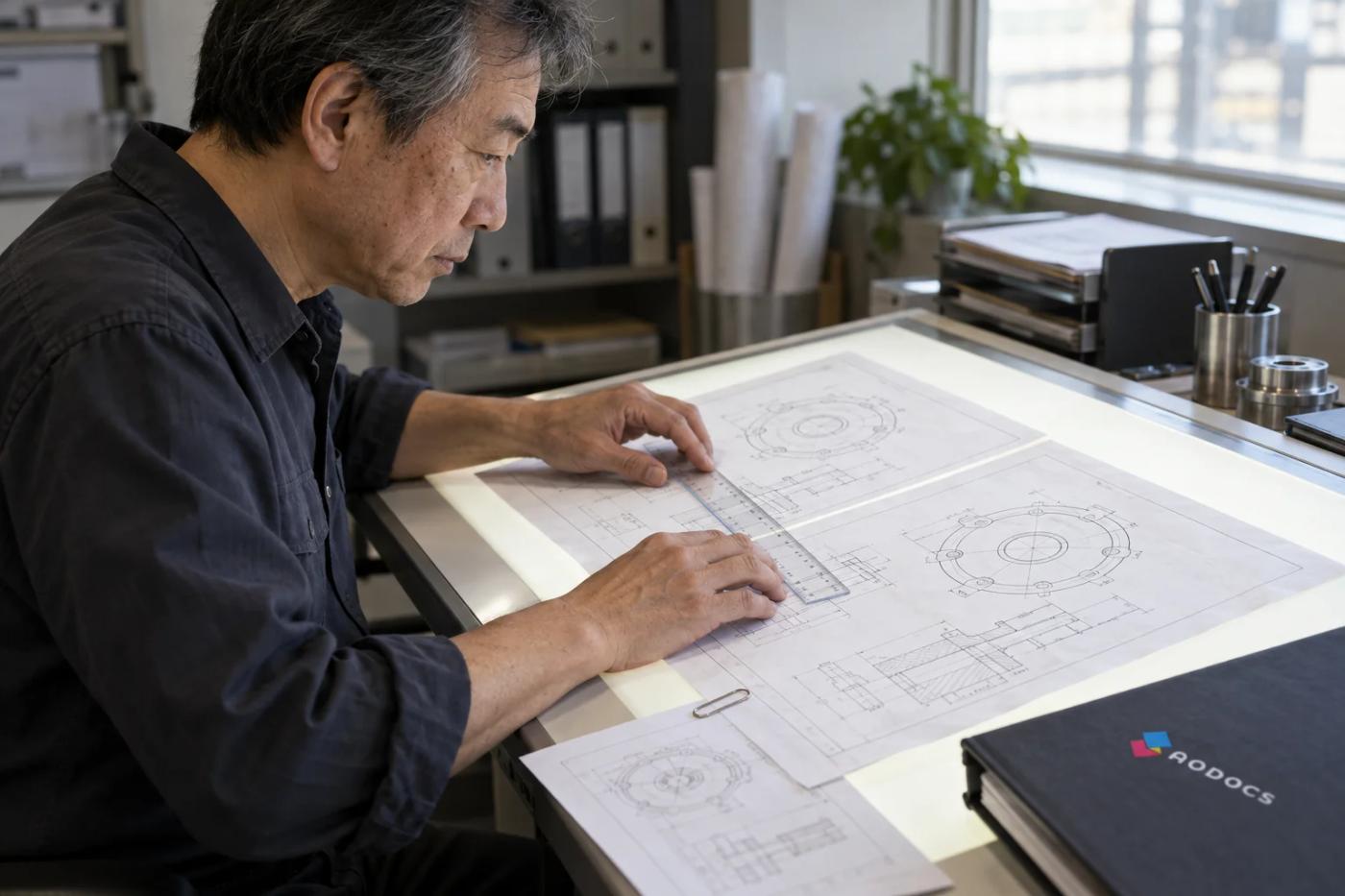 A reviewer aligns two mechanical drawings with a ruler at a document desk.