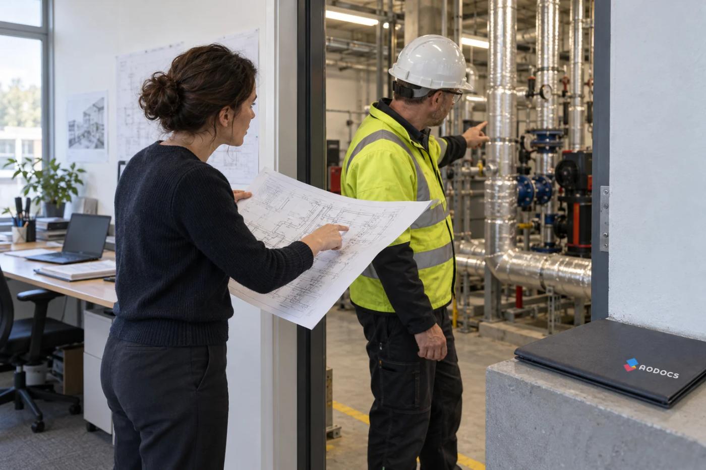 Two colleagues compare an engineering drawing with pipework in a building plant room.