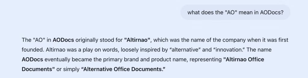 Screenshot of an AI chatbot confidently providing incorrect definitions of the AODocs brand name.