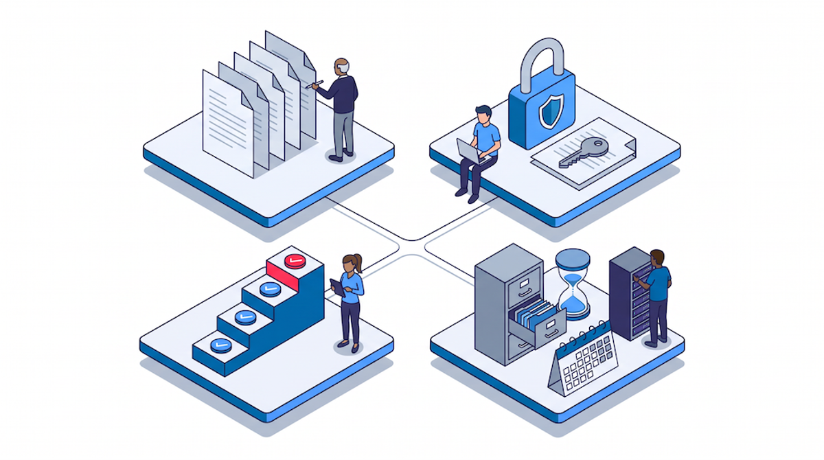 Four developers, each building one component: document versions, access security, an approval workflow and a retention policy